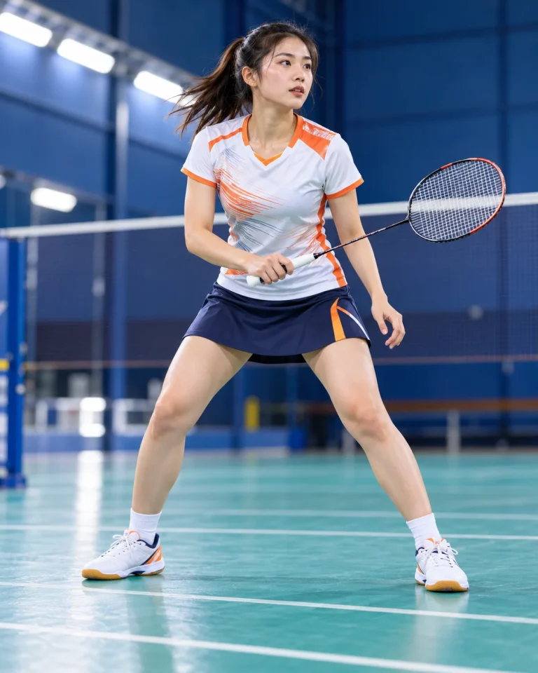 Trang phục cầu lông nữ trắng cam